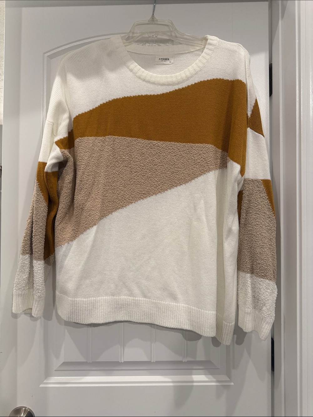 Andree White, Tan & Mustard Colorblock Crew Sweater